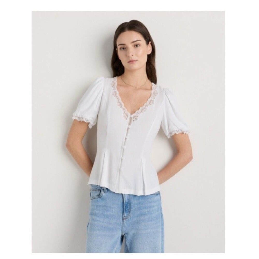 NWT Quince Women Lightweight Crepe Lace Puff Sleeve Blouse Ivory Sleeved Top M